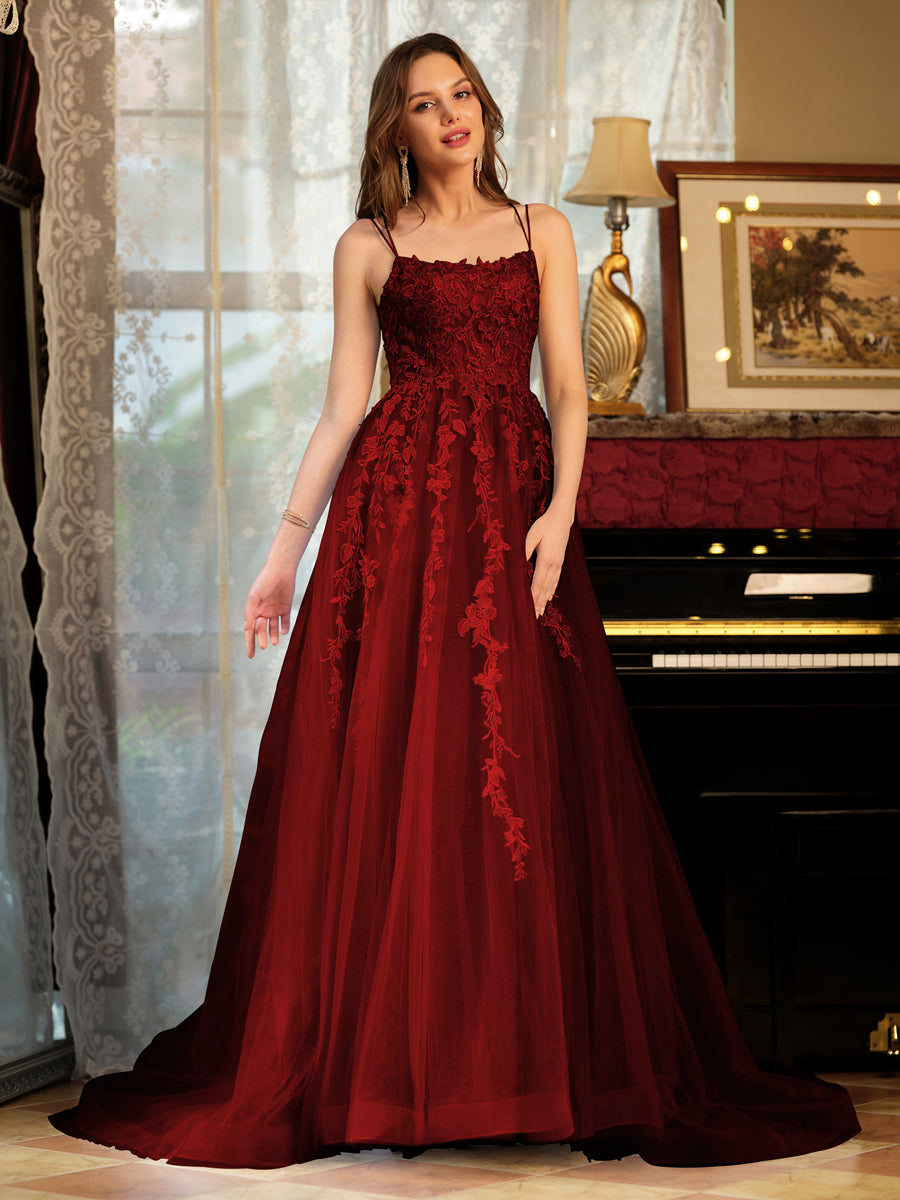 Corte A/Princesa Tule Alcinhas Apliques Longos Vestidos de Baile