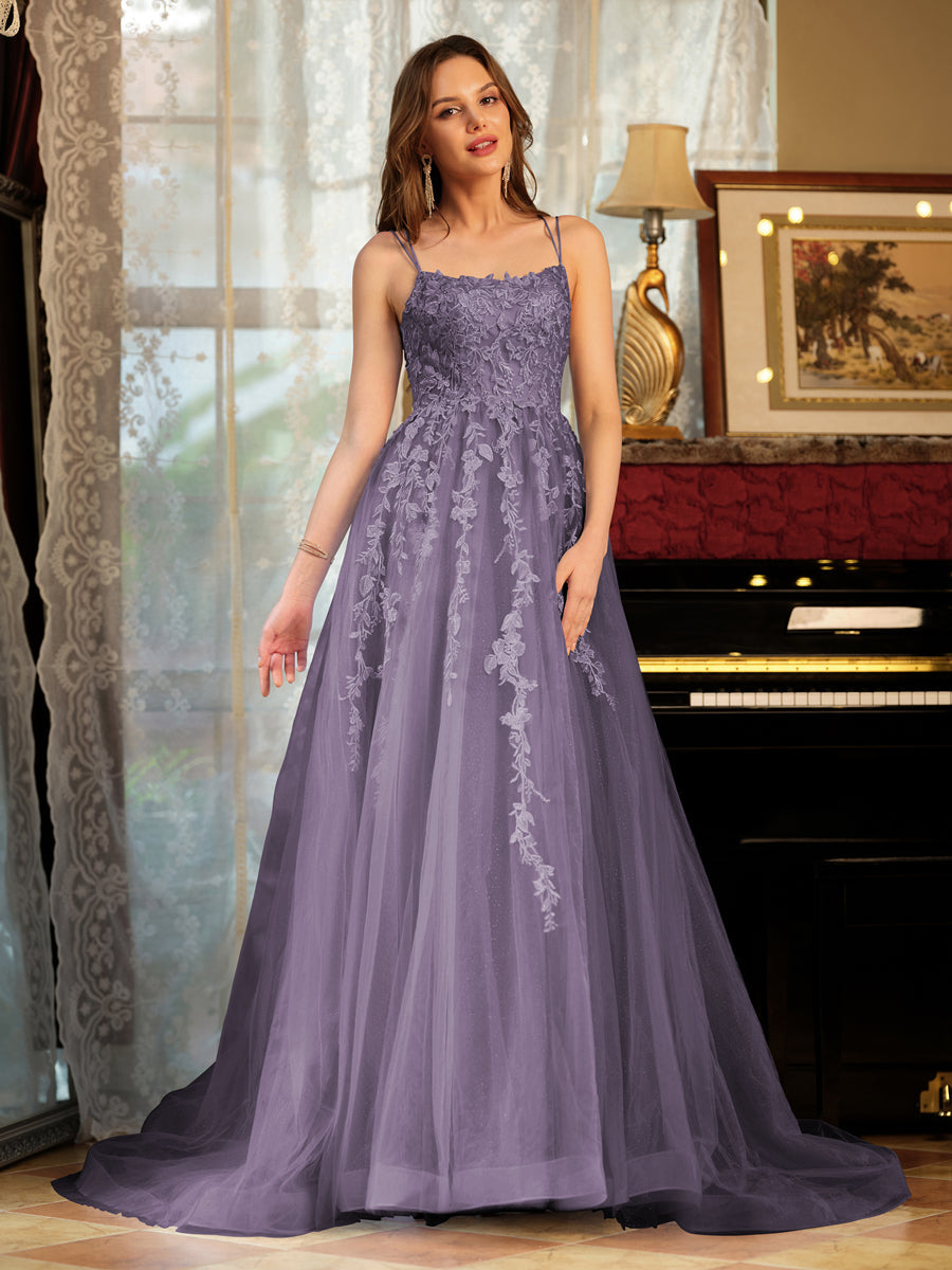 Corte A/Princesa Tule Alcinhas Apliques Longos Vestidos de Baile
