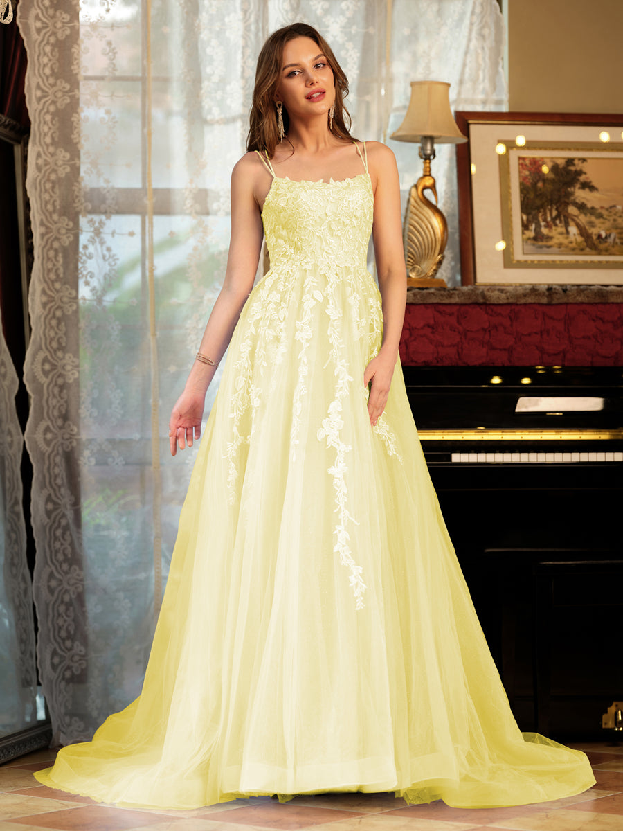 Corte A/Princesa Tule Alcinhas Apliques Longos Vestidos de Baile