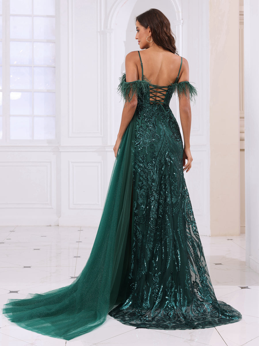 Corte A/Princesa Alças Finas Vestidos de Baile Longos com Penas e Lantejoulas