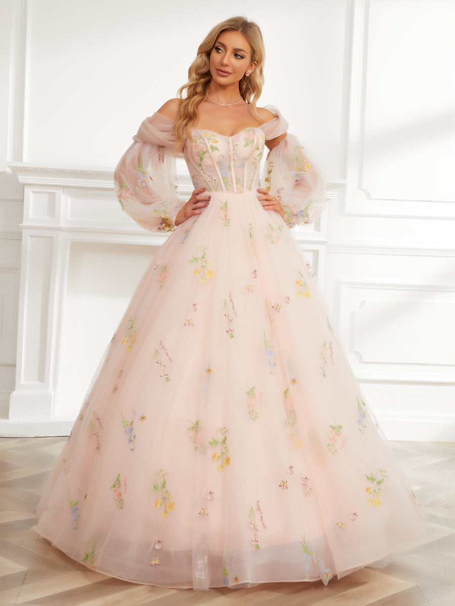 Vestido de Baile Querida Bordado Tule Vestidos de Baile Longos com Xale Destacável e Mangas