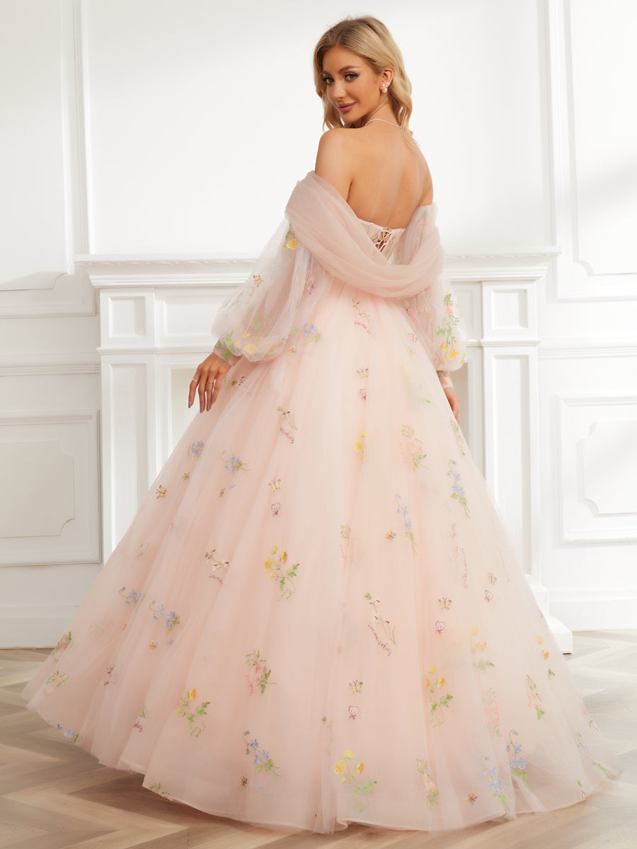 Vestido de Baile Querida Bordado Tule Vestidos de Baile Longos com Xale Destacável e Mangas