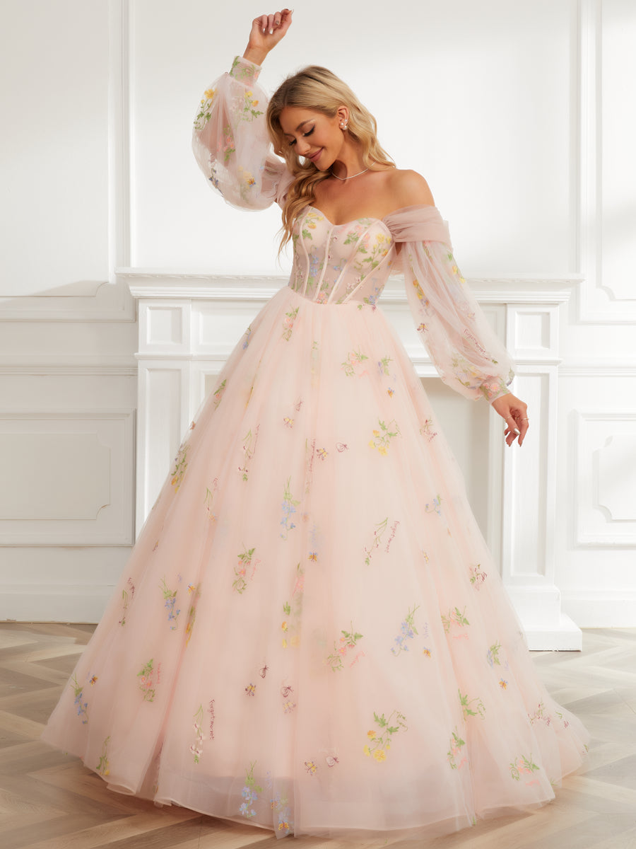 Vestido de Baile Querida Bordado Tule Vestidos de Baile Longos com Xale Destacável e Mangas