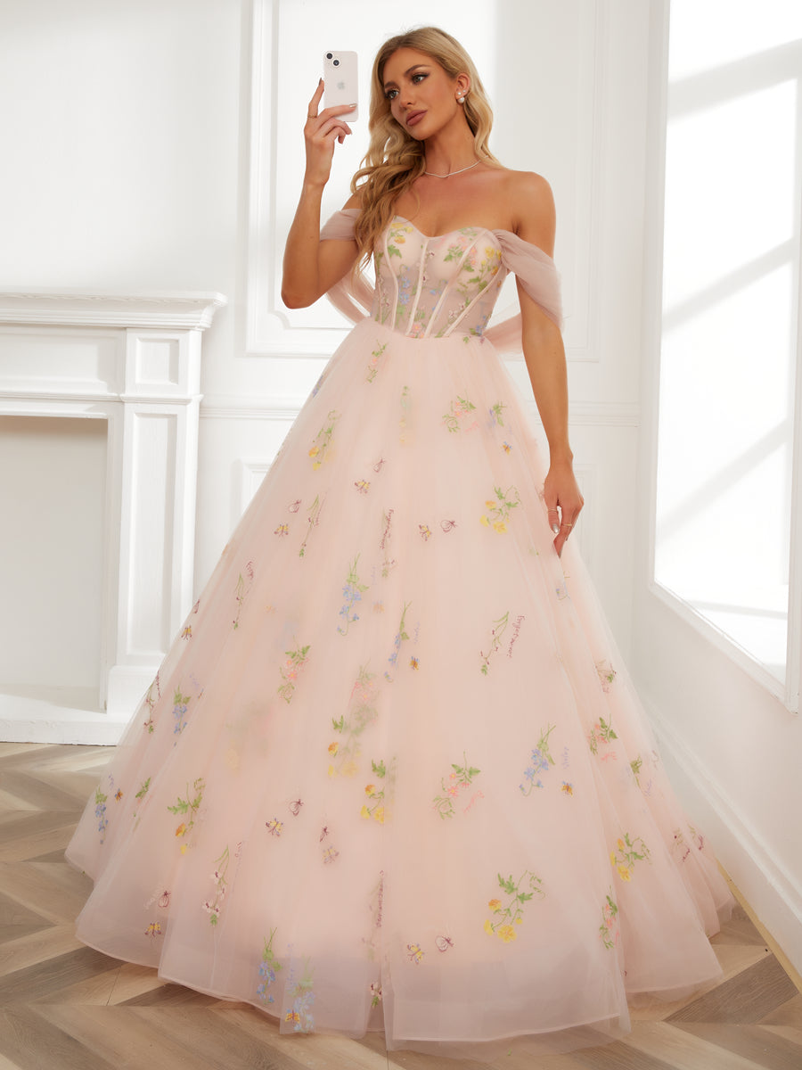 Vestido de Baile Querida Bordado Tule Vestidos de Baile Longos com Xale Destacável e Mangas
