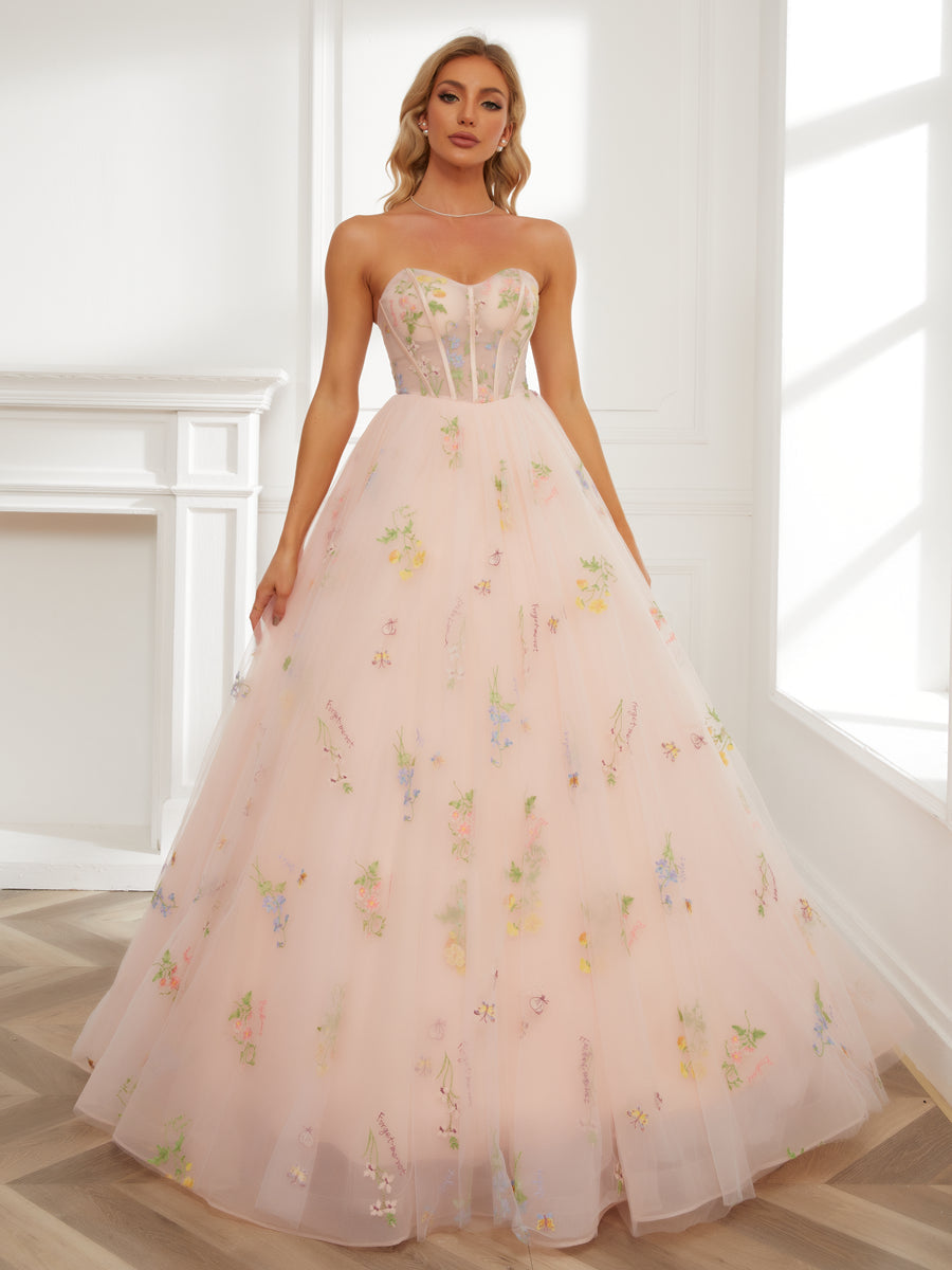 Vestido de Baile Querida Bordado Tule Vestidos de Baile Longos com Xale Destacável e Mangas