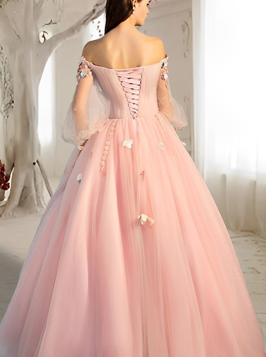 Vestidos de Quinceanera de Baile com Ombros Descobertos e Flores