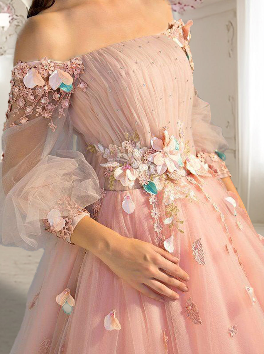 Vestidos de Quinceanera de Baile com Ombros Descobertos e Flores