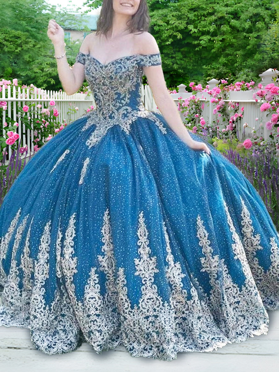 Vestidos de Quinceanera de Baile com Ombros Descobertos e Aplicações
