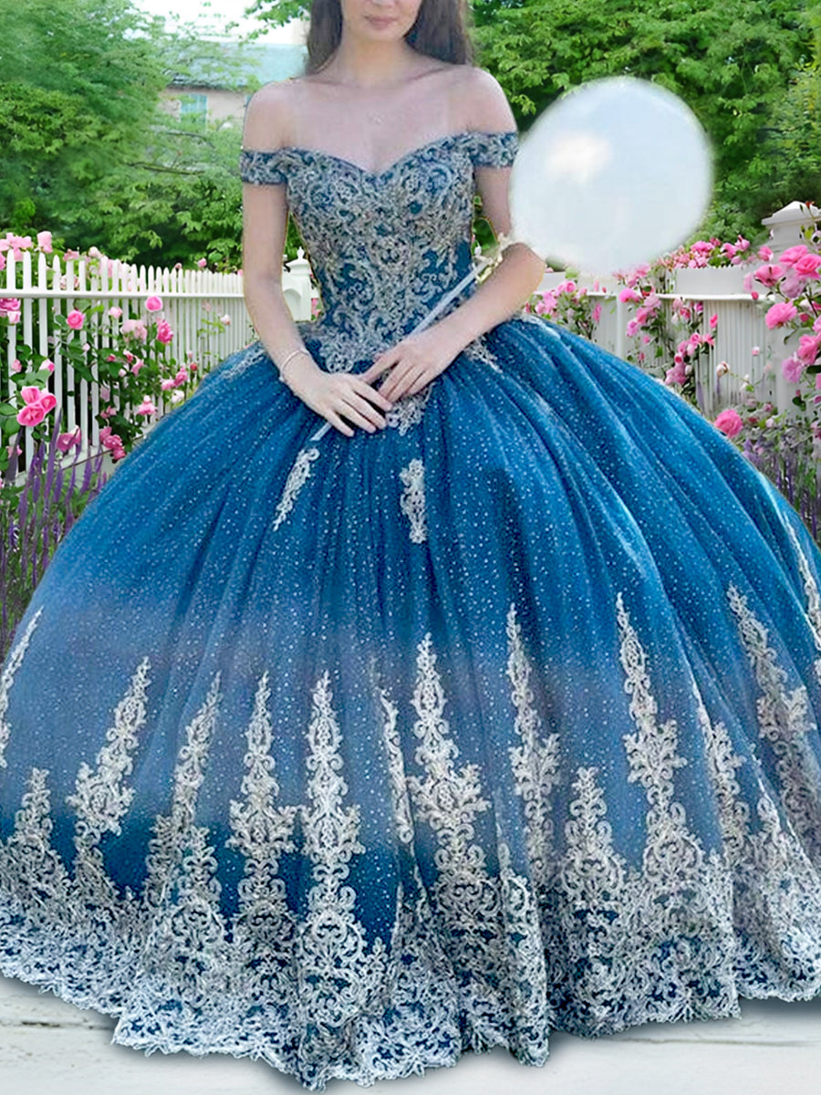 Vestidos de Quinceanera de Baile com Ombros Descobertos e Aplicações