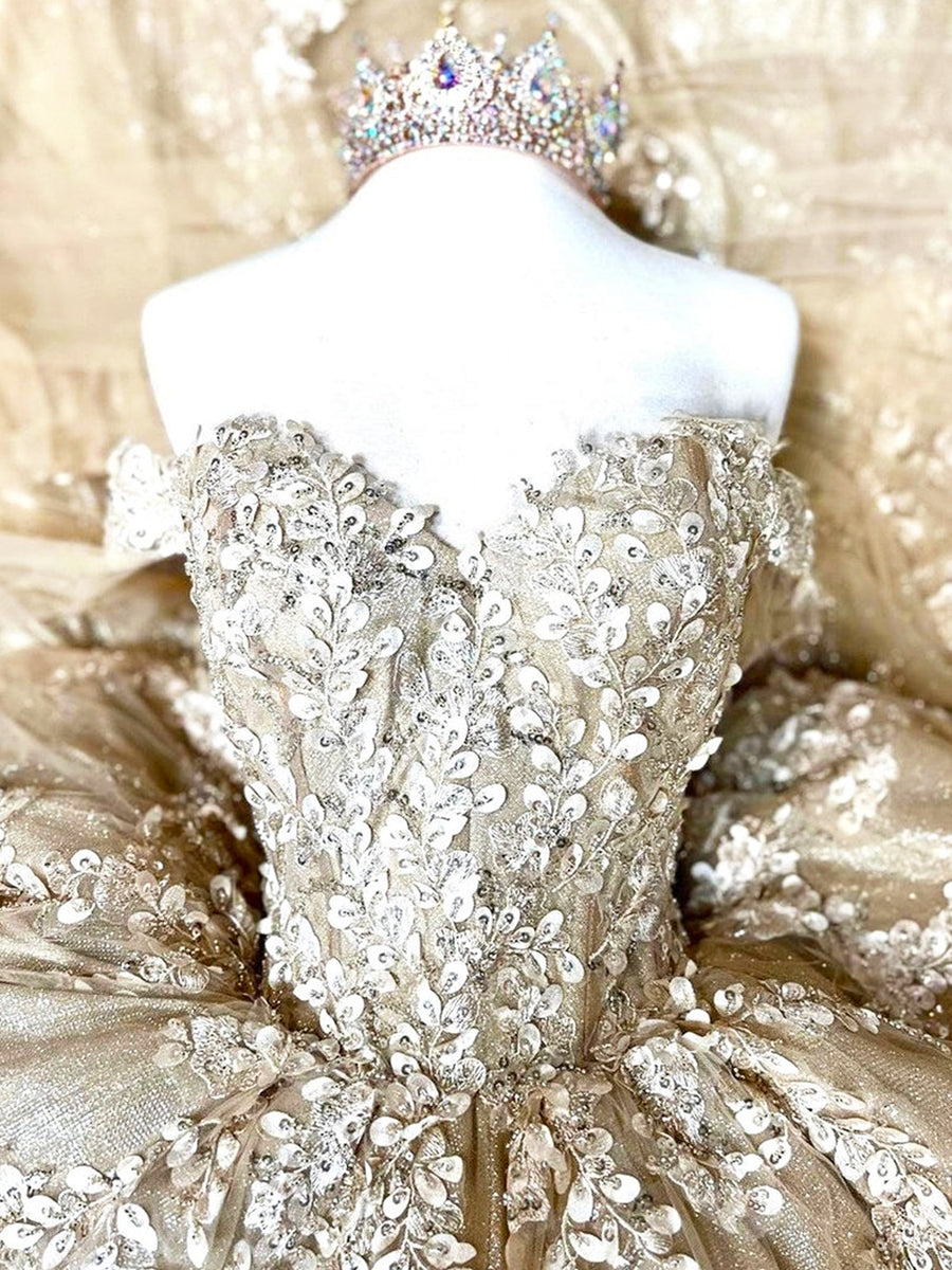 Vestidos de Quinceanera de Baile com Ombros Descobertos e Aplicações