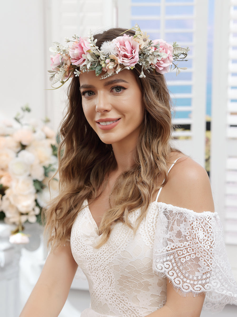 Coroas de Flores de Casamento Rosa Artificiais com Fita Champanhe
