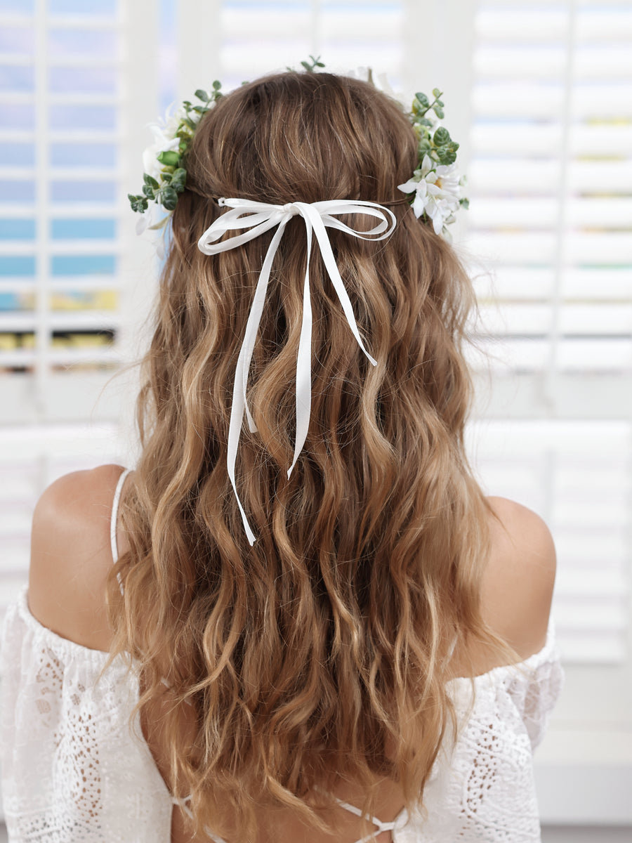Coroas de Flores Brancas Artificiais para Casamento com Fita de Marfim