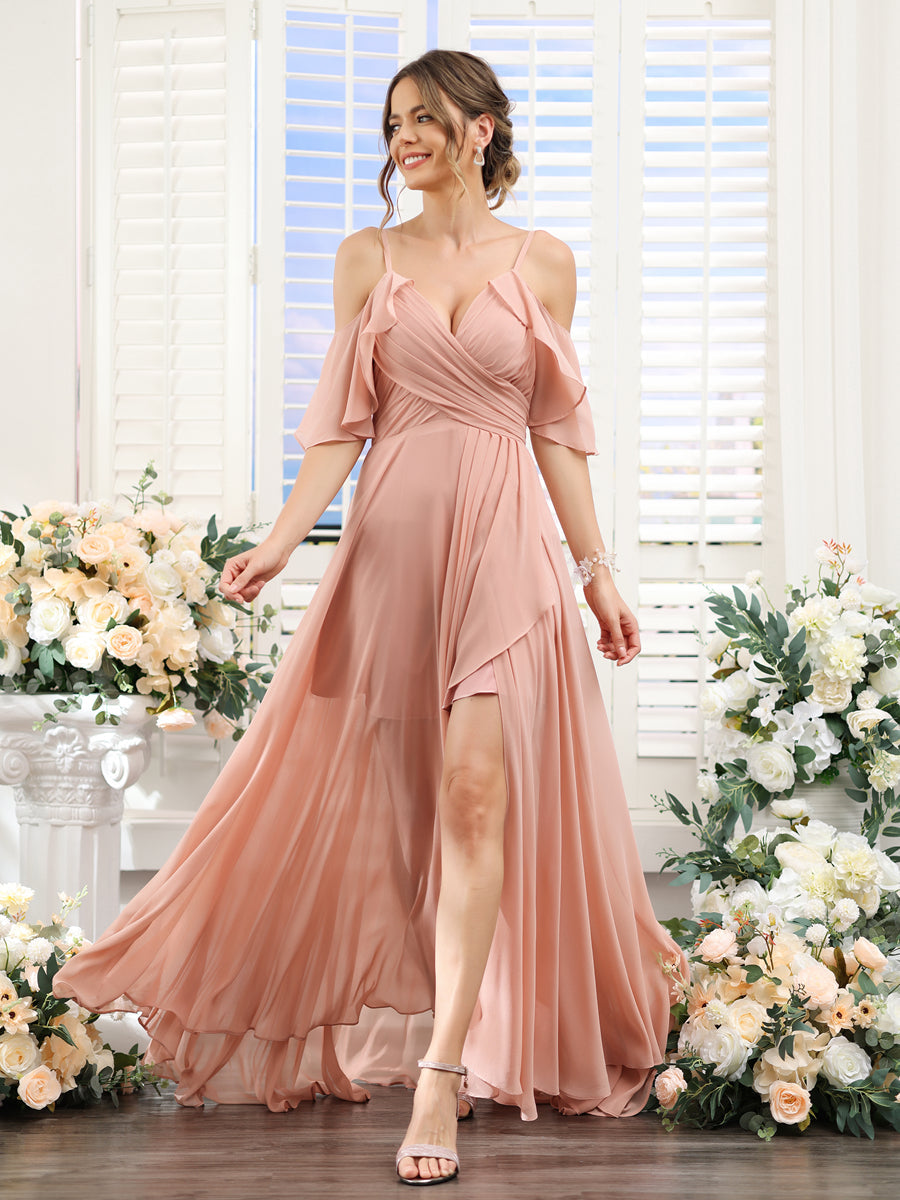 Vestidos de Dama de Honra Em Chiffon Assimétricos com Alças Finas e Decote Em V e Mangas Curtas