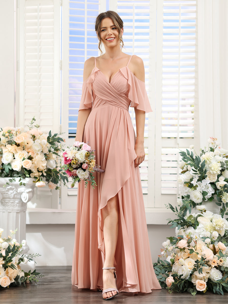 Vestidos de Dama de Honra Em Chiffon Assimétricos com Alças Finas e Decote Em V e Mangas Curtas