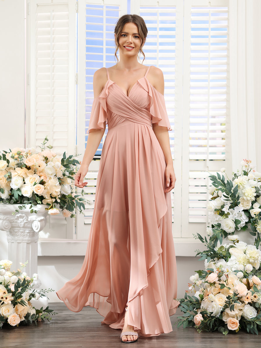 Vestidos de Dama de Honra Em Chiffon Assimétricos com Alças Finas e Decote Em V e Mangas Curtas
