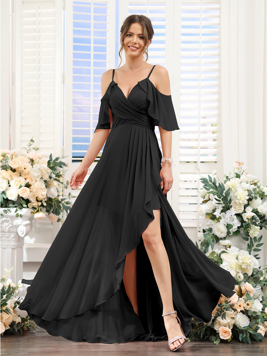 Vestidos de Dama de Honra Em Chiffon Assimétricos com Alças Finas e Decote Em V e Mangas Curtas