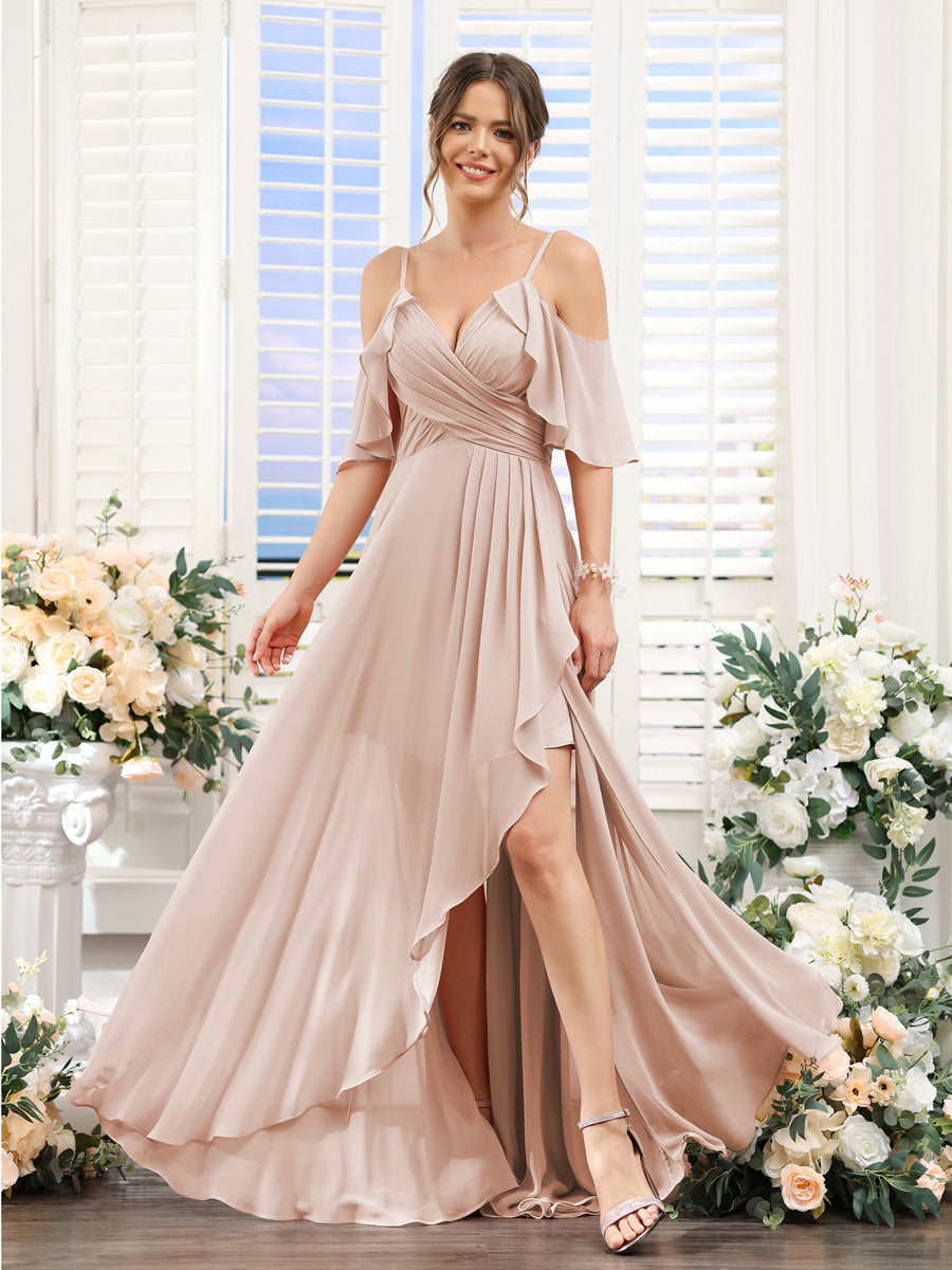 Vestidos de Dama de Honra Em Chiffon Assimétricos com Alças Finas e Decote Em V e Mangas Curtas