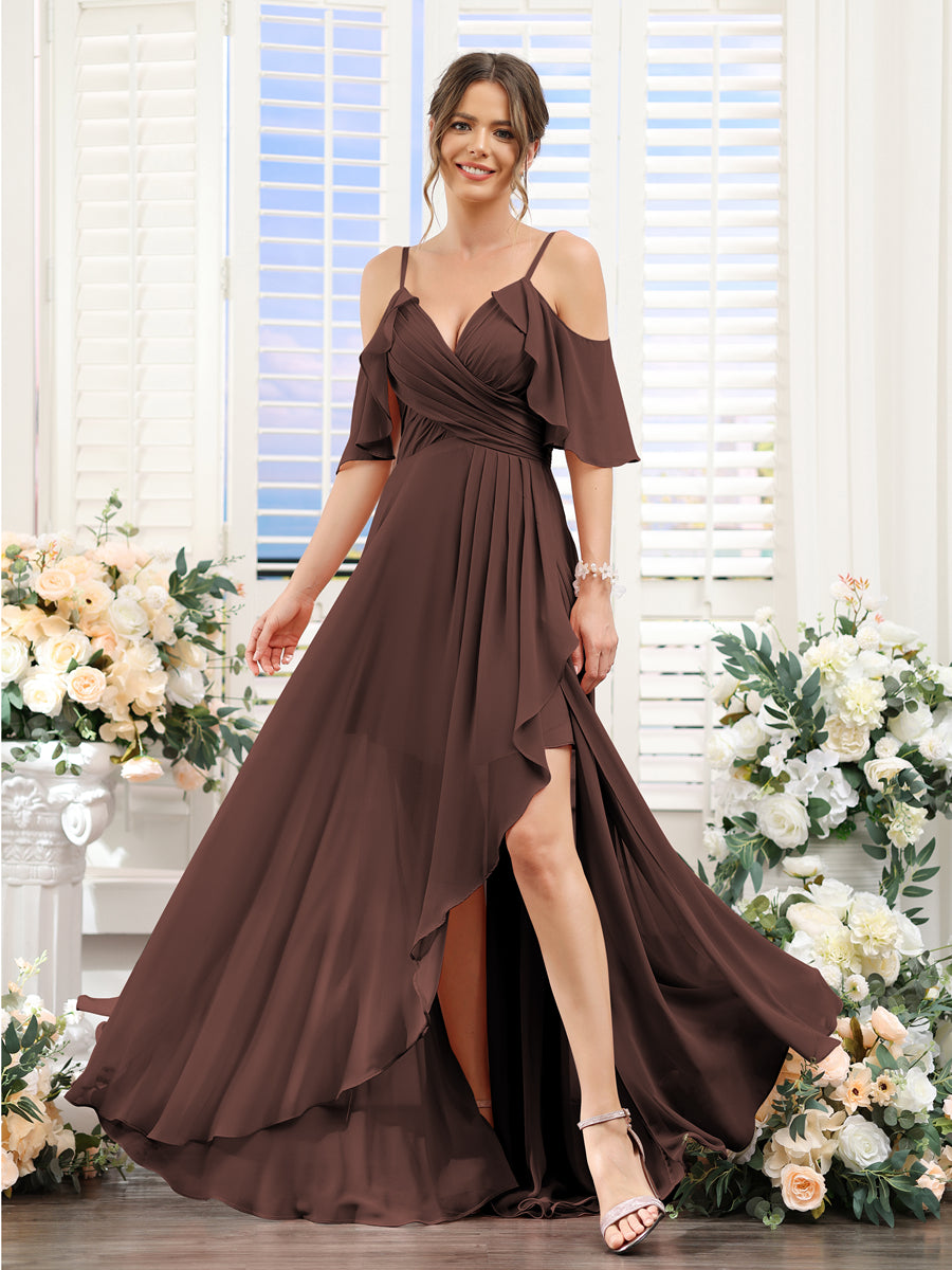 Vestidos de Dama de Honra Em Chiffon Assimétricos com Alças Finas e Decote Em V e Mangas Curtas