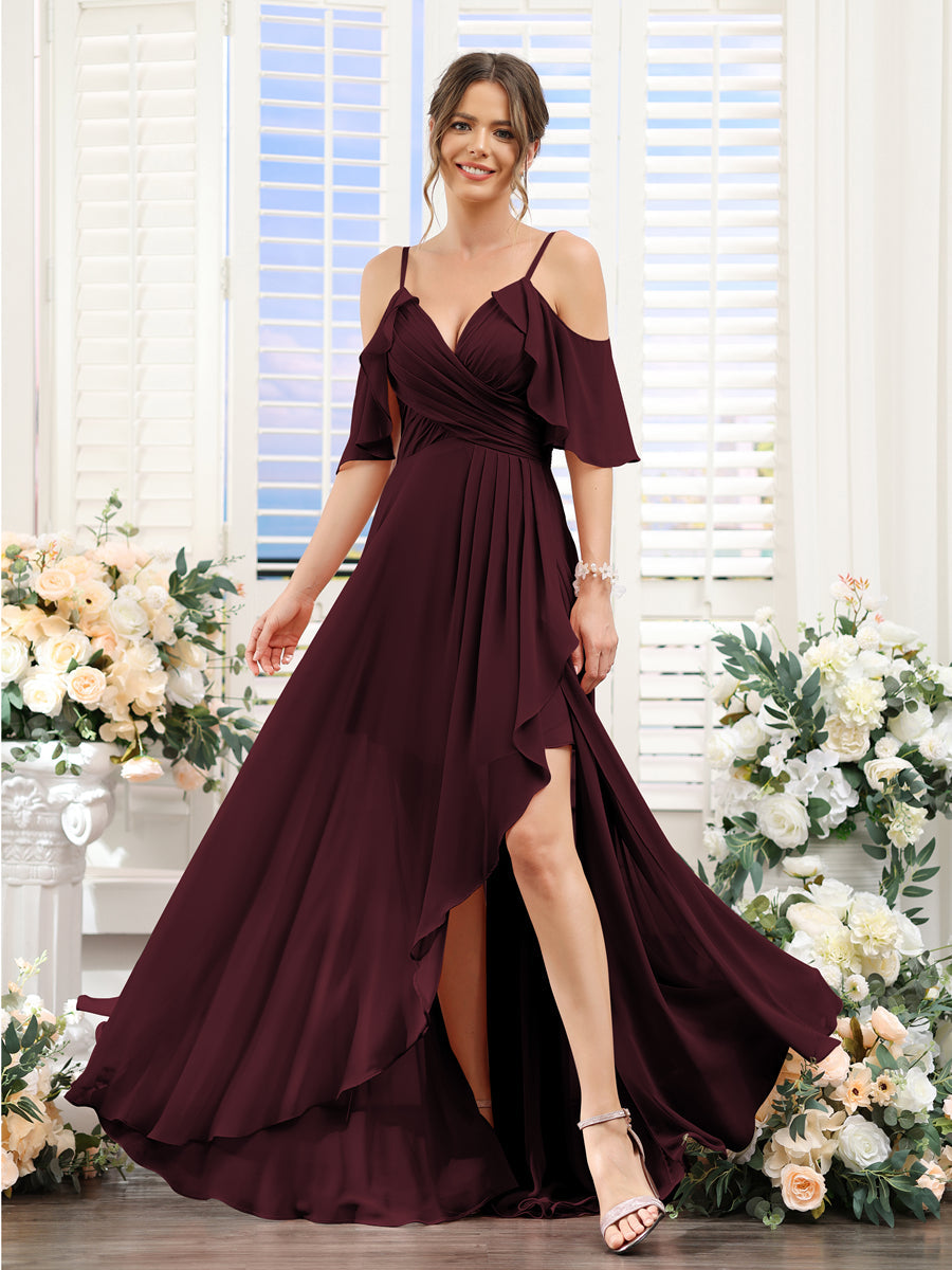 Vestidos de Dama de Honra Em Chiffon Assimétricos com Alças Finas e Decote Em V e Mangas Curtas