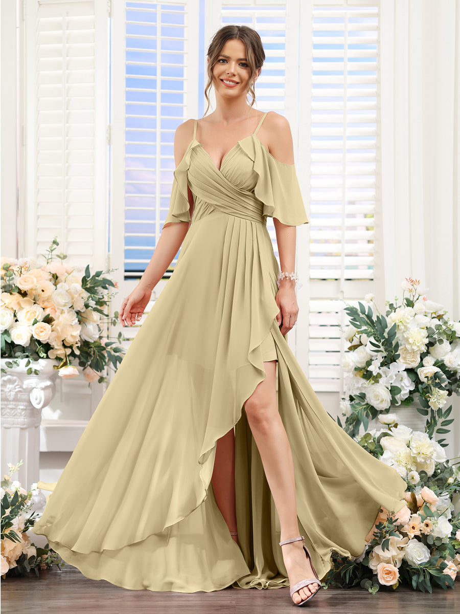 Vestidos de Dama de Honra Em Chiffon Assimétricos com Alças Finas e Decote Em V e Mangas Curtas