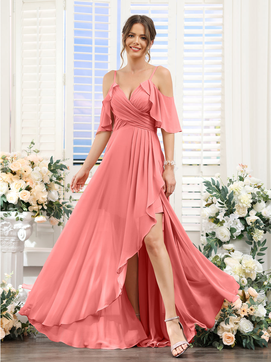 Vestidos de Dama de Honra Em Chiffon Assimétricos com Alças Finas e Decote Em V e Mangas Curtas
