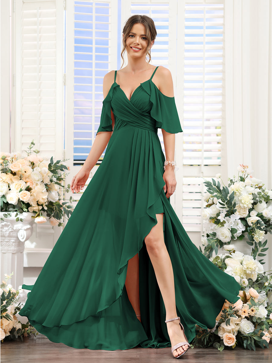 Vestidos de Dama de Honra Em Chiffon Assimétricos com Alças Finas e Decote Em V e Mangas Curtas