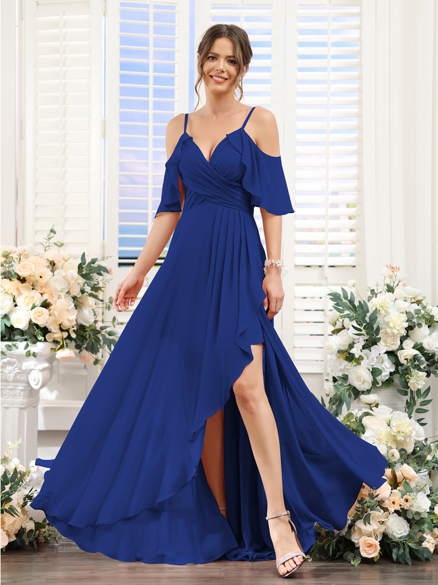 Vestidos de Dama de Honra Em Chiffon Assimétricos com Alças Finas e Decote Em V e Mangas Curtas