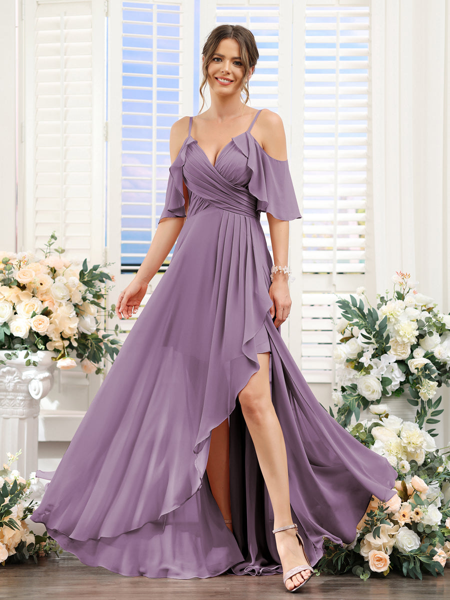 Vestidos de Dama de Honra Em Chiffon Assimétricos com Alças Finas e Decote Em V e Mangas Curtas