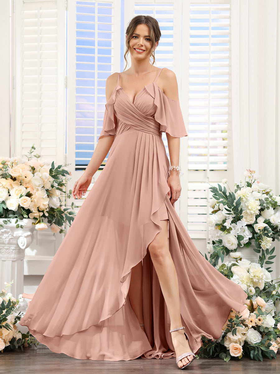 Vestidos de Dama de Honra Em Chiffon Assimétricos com Alças Finas e Decote Em V e Mangas Curtas