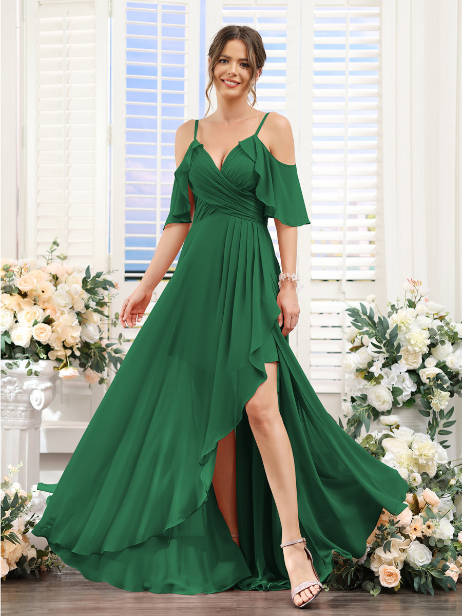 Vestidos de Dama de Honra Em Chiffon Assimétricos com Alças Finas e Decote Em V e Mangas Curtas
