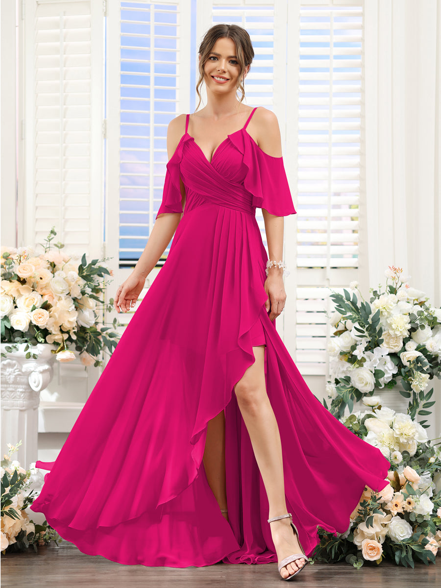 Vestidos de Dama de Honra Em Chiffon Assimétricos com Alças Finas e Decote Em V e Mangas Curtas