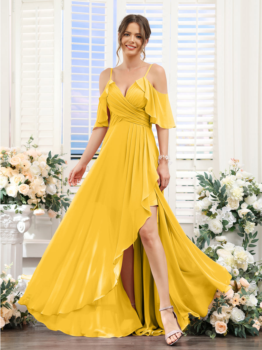 Vestidos de Dama de Honra Em Chiffon Assimétricos com Alças Finas e Decote Em V e Mangas Curtas