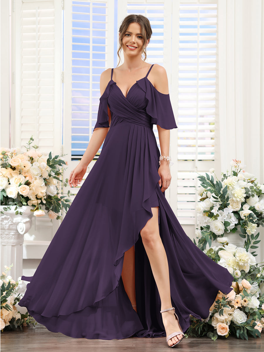 Vestidos de Dama de Honra Em Chiffon Assimétricos com Alças Finas e Decote Em V e Mangas Curtas