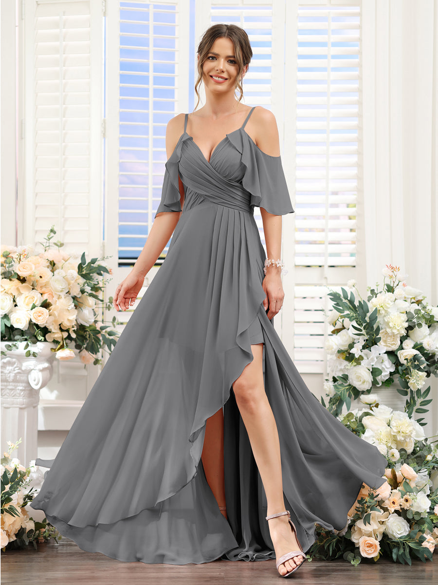 Vestidos de Dama de Honra Em Chiffon Assimétricos com Alças Finas e Decote Em V e Mangas Curtas
