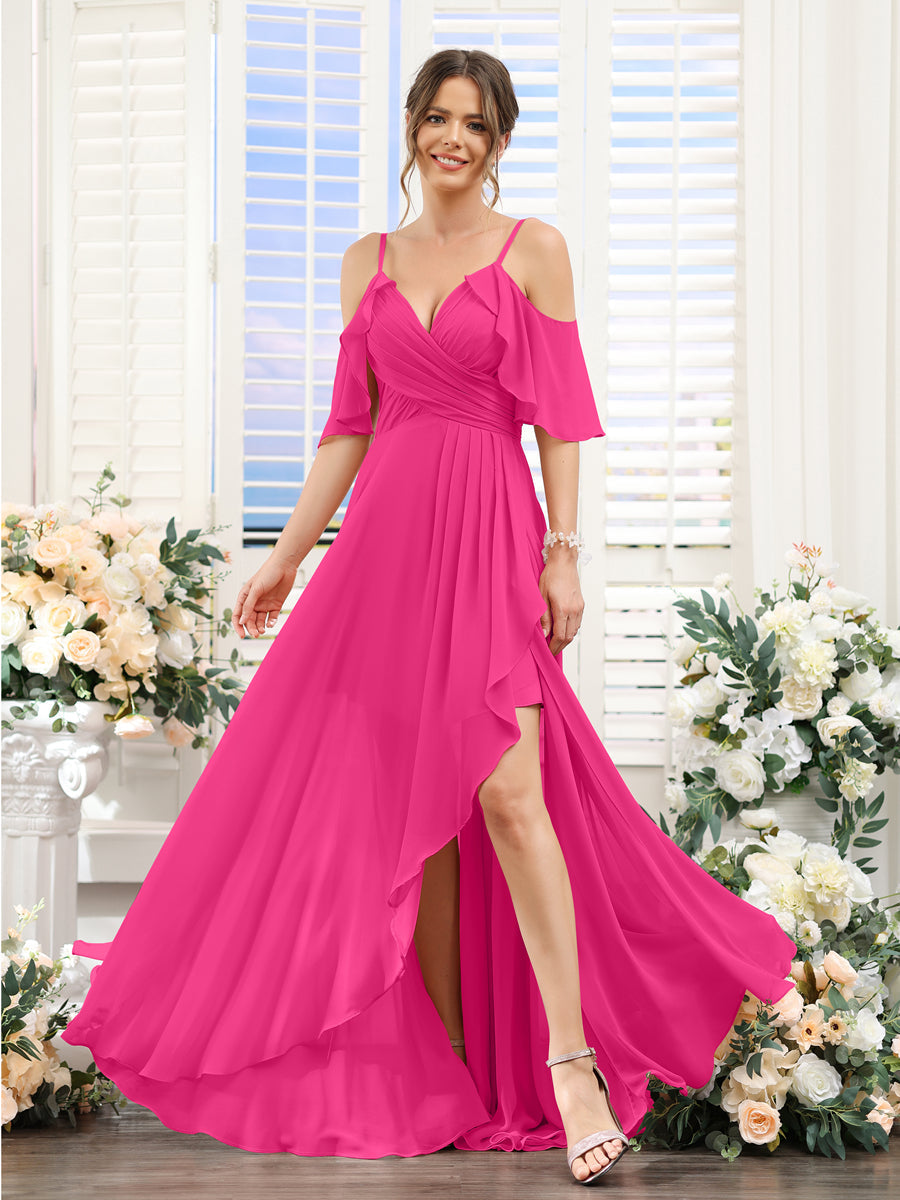 Vestidos de Dama de Honra Em Chiffon Assimétricos com Alças Finas e Decote Em V e Mangas Curtas