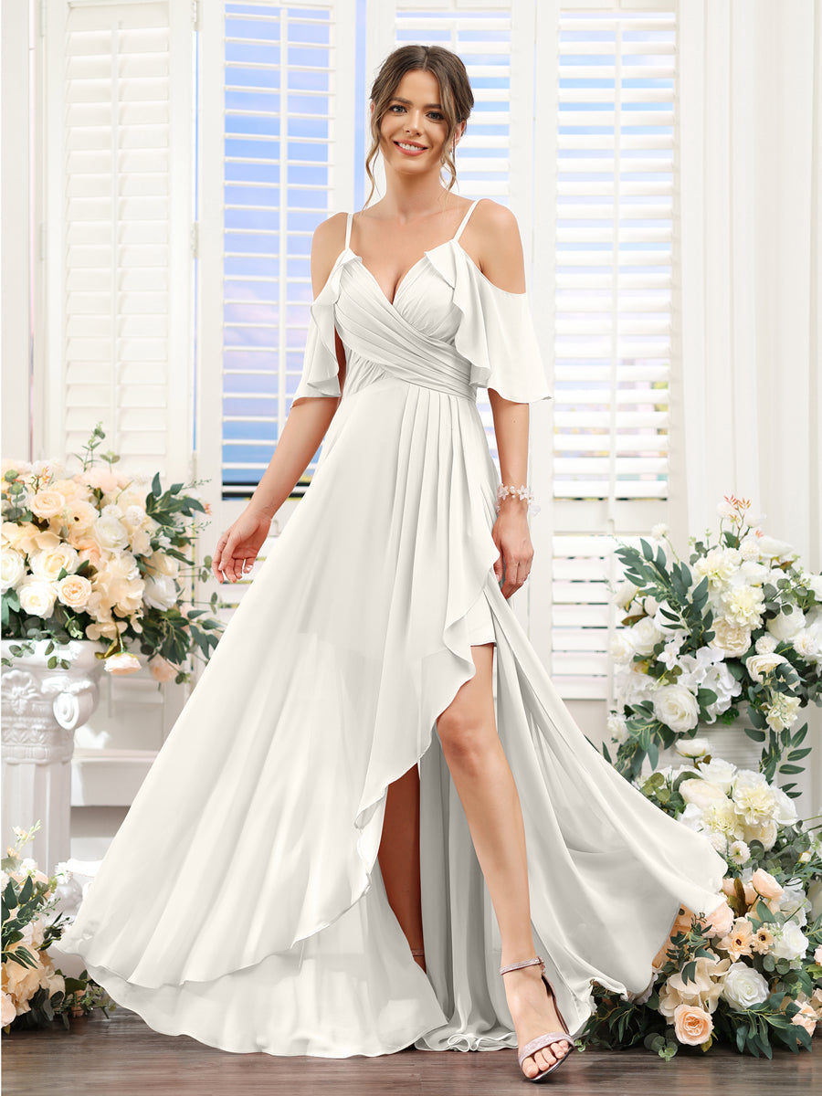 Vestidos de Dama de Honra Em Chiffon Assimétricos com Alças Finas e Decote Em V e Mangas Curtas