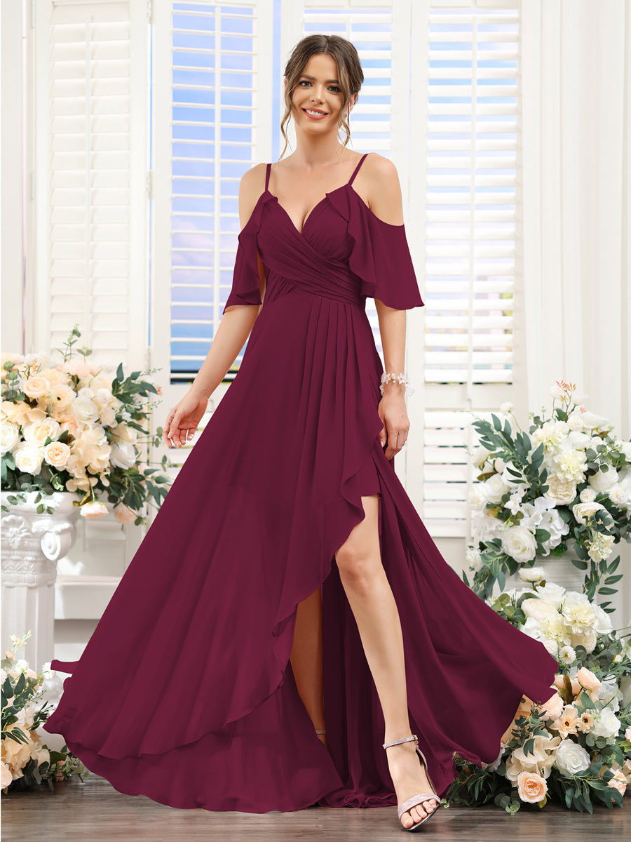 Vestidos de Dama de Honra Em Chiffon Assimétricos com Alças Finas e Decote Em V e Mangas Curtas