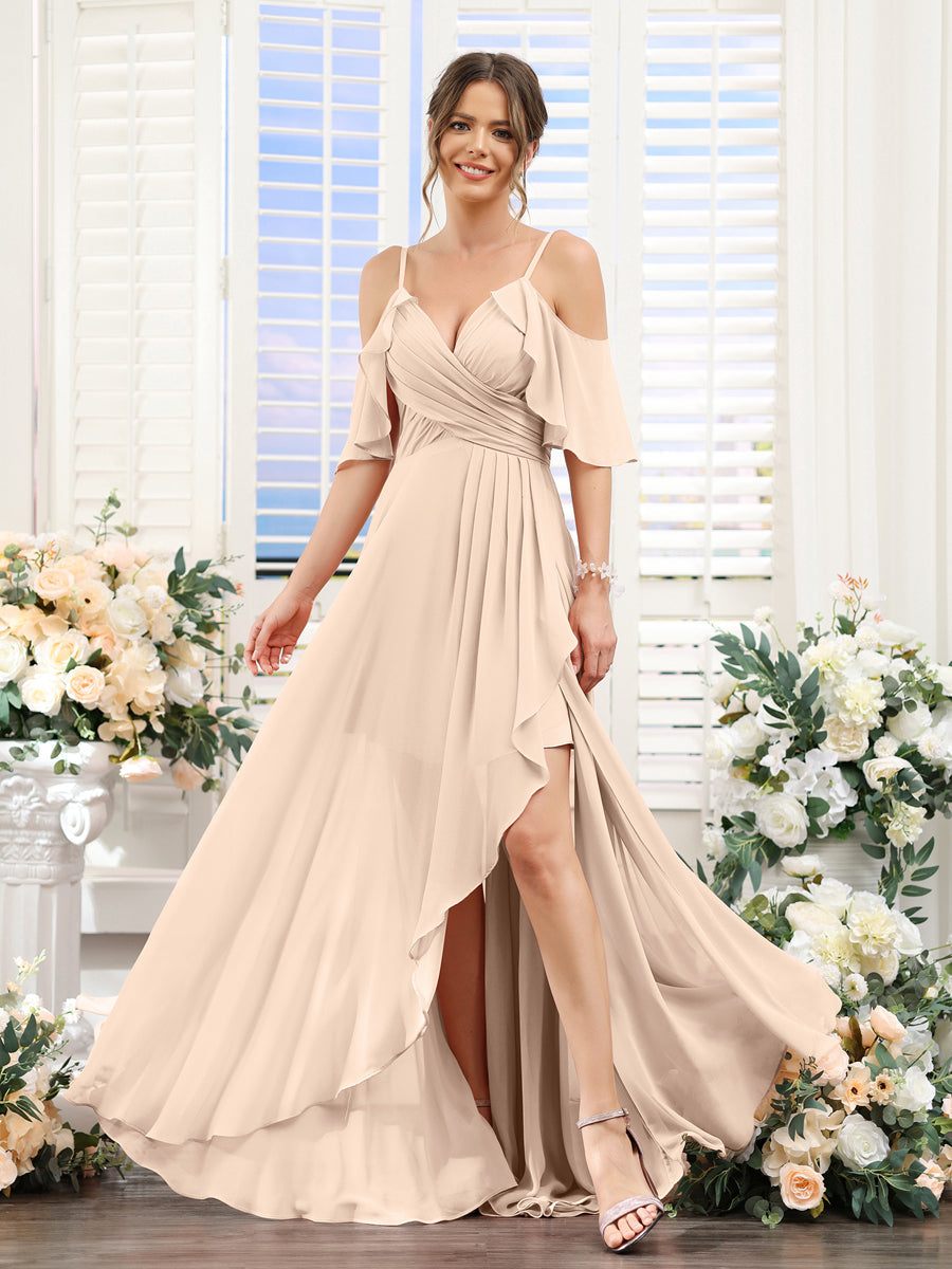 Vestidos de Dama de Honra Em Chiffon Assimétricos com Alças Finas e Decote Em V e Mangas Curtas