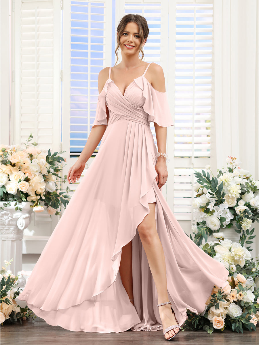 Vestidos de Dama de Honra Em Chiffon Assimétricos com Alças Finas e Decote Em V e Mangas Curtas