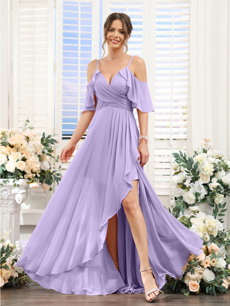 Vestidos de Dama de Honra Em Chiffon Assimétricos com Alças Finas e Decote Em V e Mangas Curtas