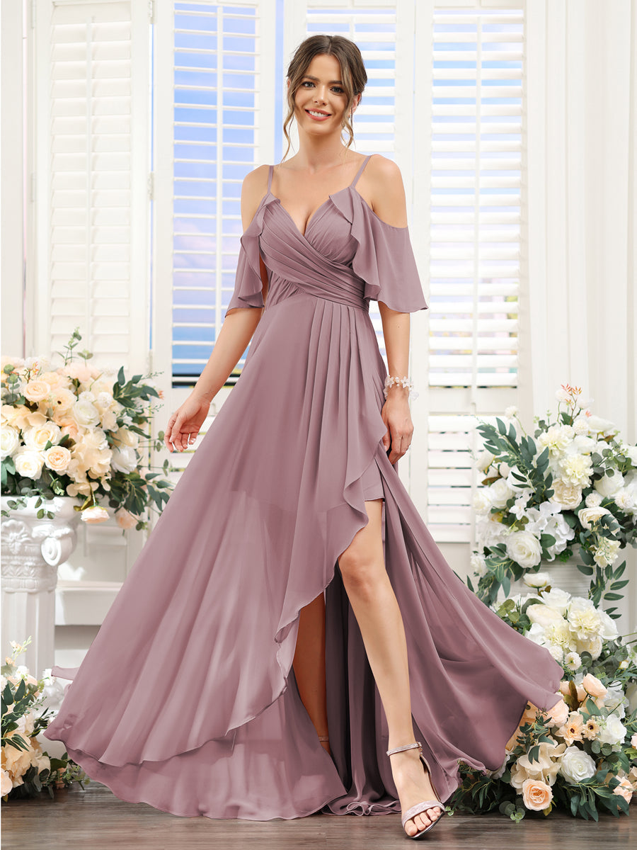 Vestidos de Dama de Honra Em Chiffon Assimétricos com Alças Finas e Decote Em V e Mangas Curtas