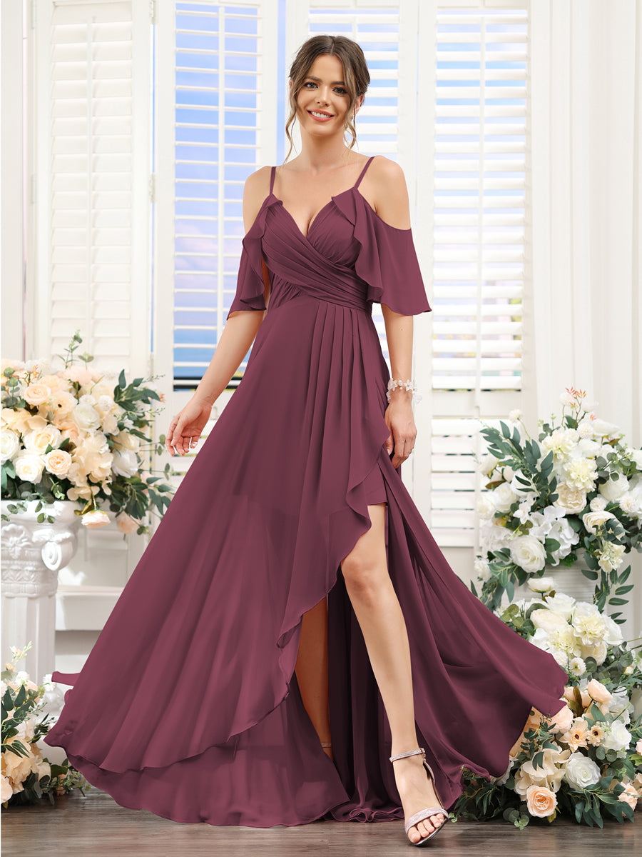 Vestidos de Dama de Honra Em Chiffon Assimétricos com Alças Finas e Decote Em V e Mangas Curtas