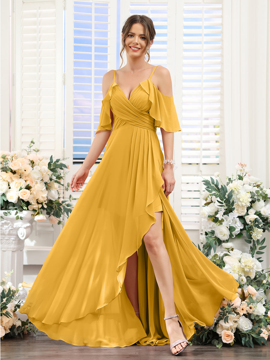 Vestidos de Dama de Honra Em Chiffon Assimétricos com Alças Finas e Decote Em V e Mangas Curtas