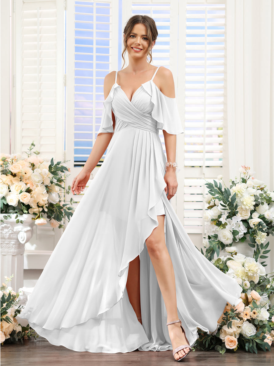 Vestidos de Dama de Honra Em Chiffon Assimétricos com Alças Finas e Decote Em V e Mangas Curtas