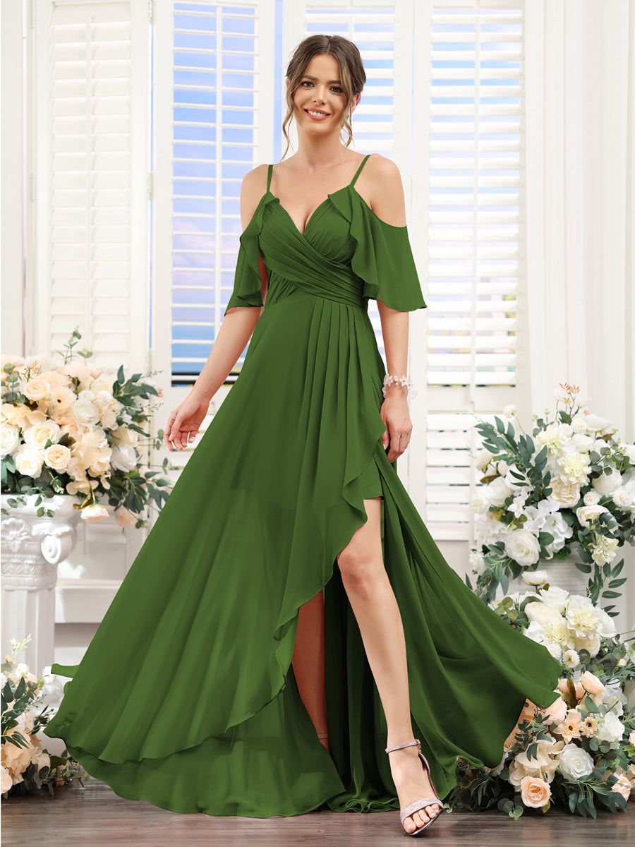 Vestidos de Dama de Honra Em Chiffon Assimétricos com Alças Finas e Decote Em V e Mangas Curtas
