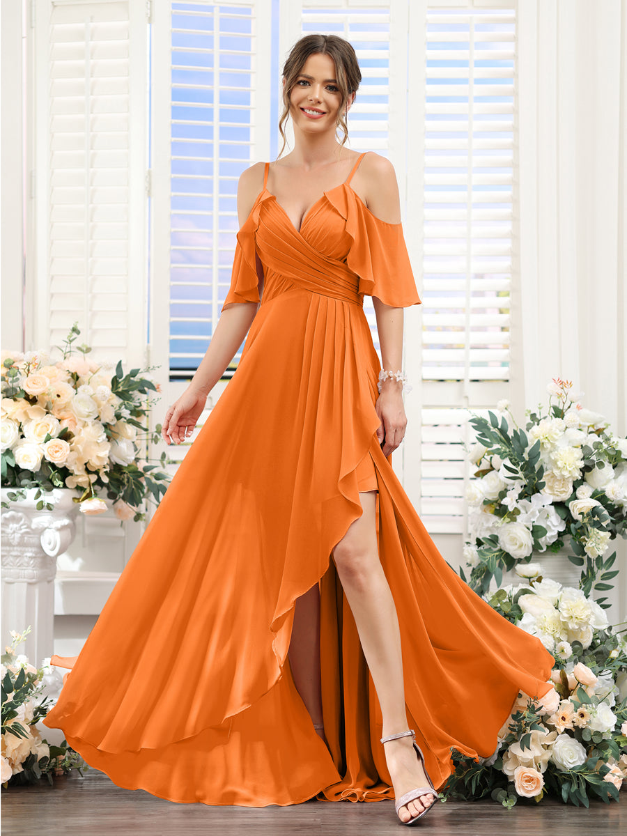 Vestidos de Dama de Honra Em Chiffon Assimétricos com Alças Finas e Decote Em V e Mangas Curtas