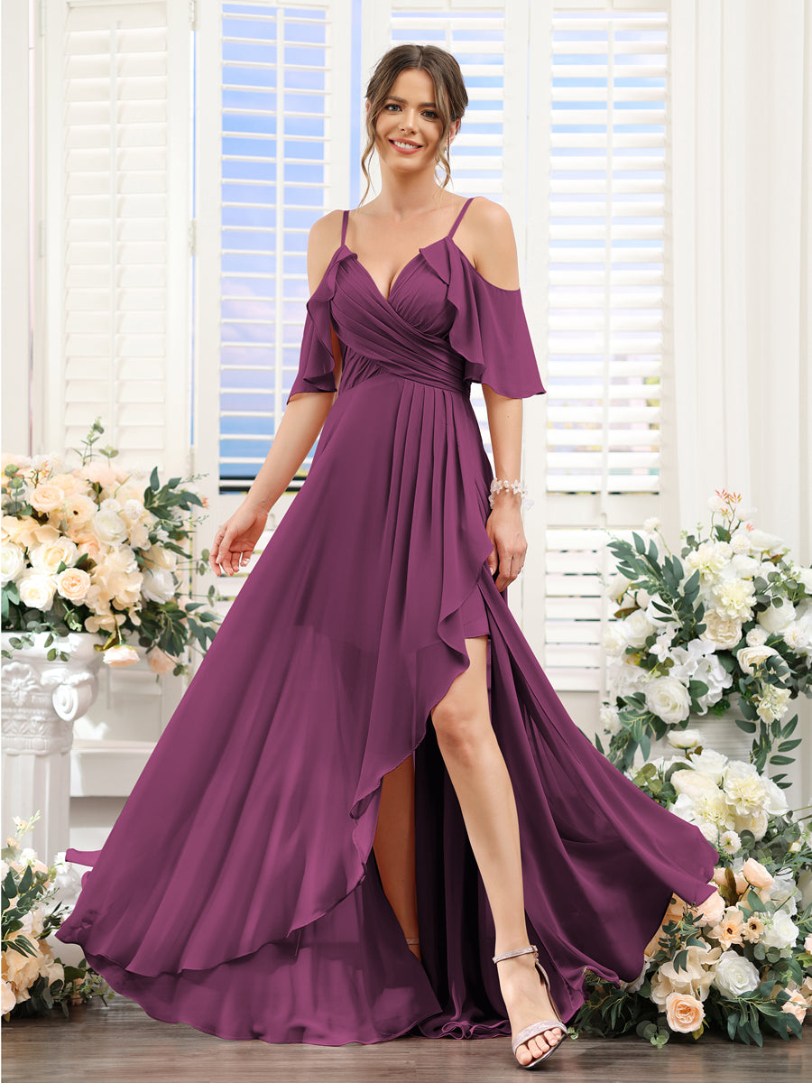 Vestidos de Dama de Honra Em Chiffon Assimétricos com Alças Finas e Decote Em V e Mangas Curtas