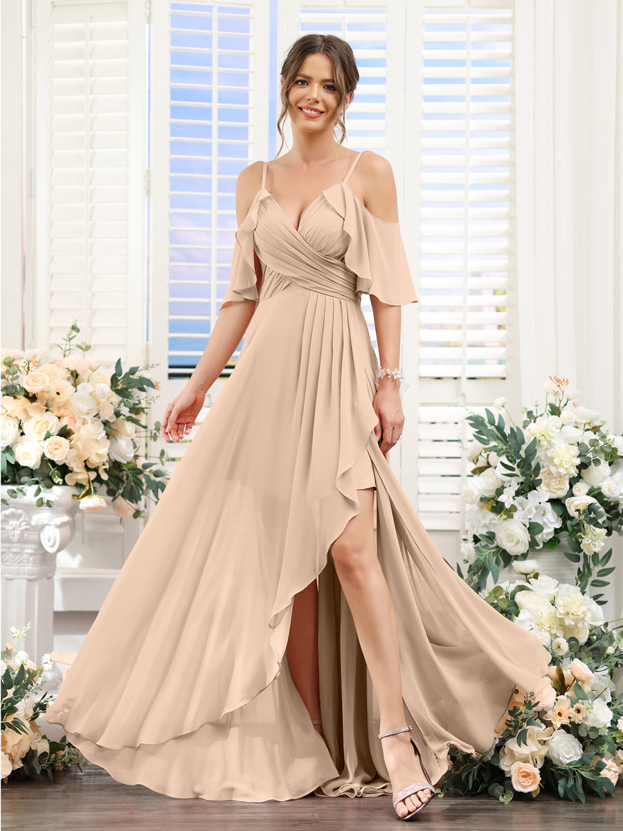 Vestidos de Dama de Honra Em Chiffon Assimétricos com Alças Finas e Decote Em V e Mangas Curtas