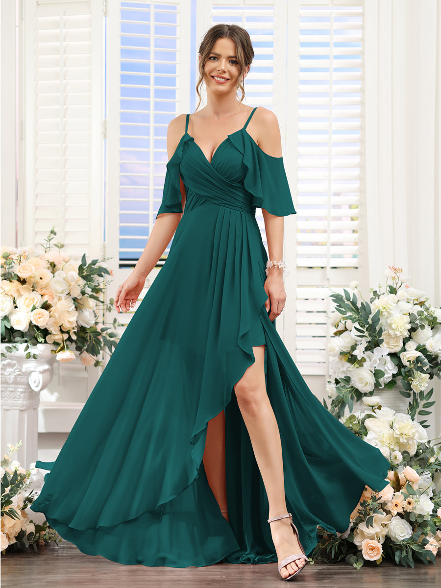 Vestidos de Dama de Honra Em Chiffon Assimétricos com Alças Finas e Decote Em V e Mangas Curtas
