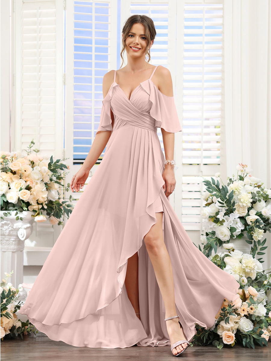 Vestidos de Dama de Honra Em Chiffon Assimétricos com Alças Finas e Decote Em V e Mangas Curtas
